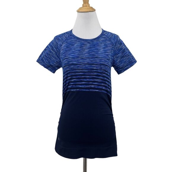 Athleta Finish Fast Spacedye Tee Women S Navy Reflective Ruched Side Gripper Hem - Picture 1 of 15